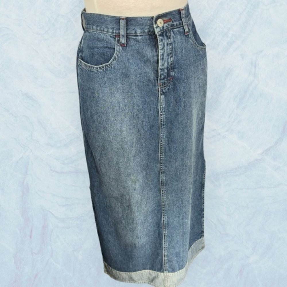 London Blues blue denim jean maxi skirt slits lightwash hem button sz 9/10